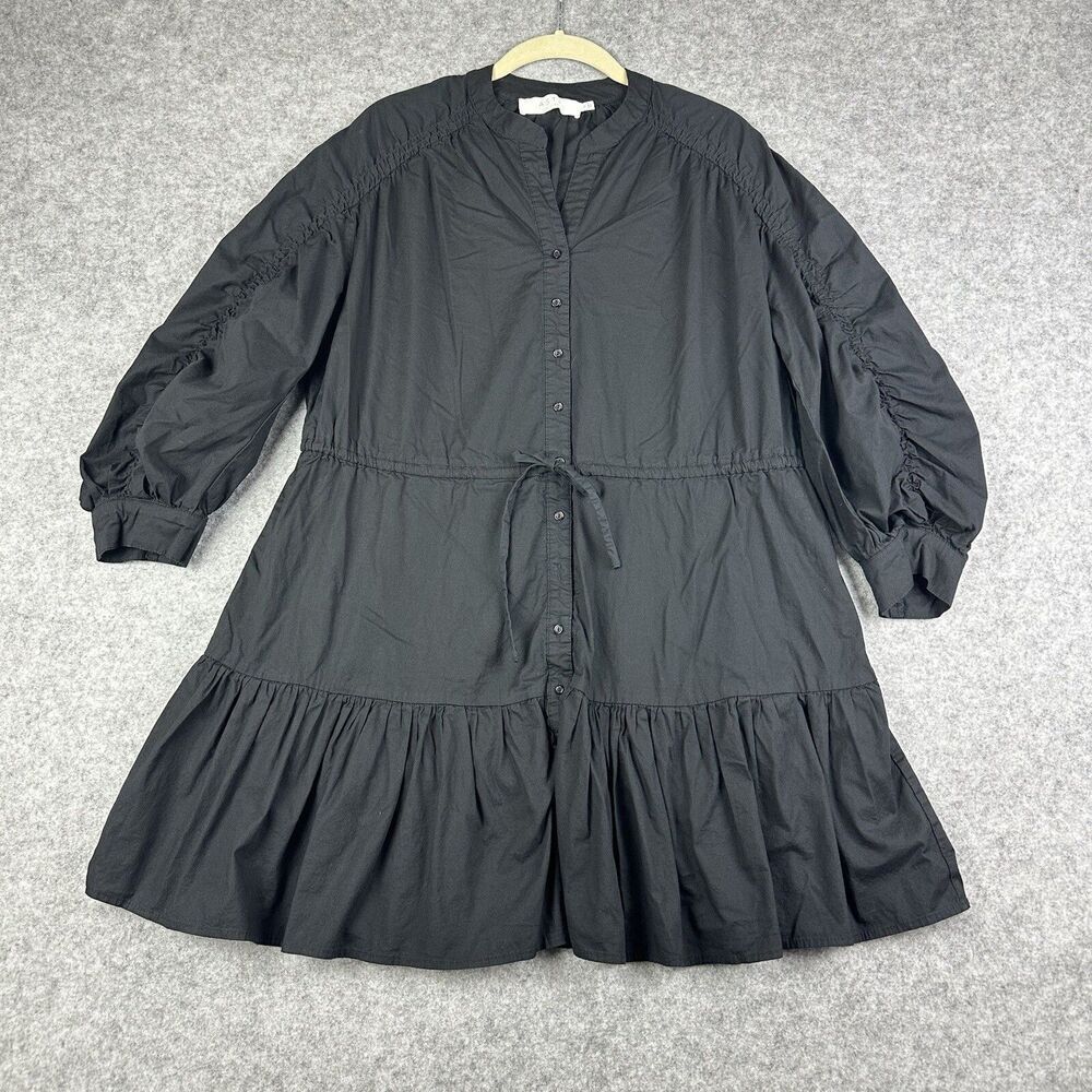 ASTR the Label Dress Womens S Black Ruched Flounce Mini Shirtdress Button Tie